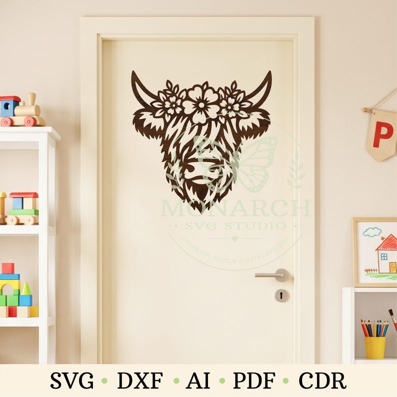 Letrero de pared con diseño floral de vaca de las Tierras Altas en formato SVG, decoración rústica de vaca para corte láser. imagen 4