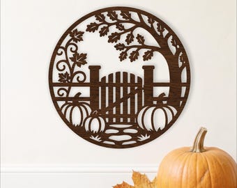Herfstpompoenveldpoort SVG, Herfstboerderij muurdecoratie voor lasersnijden. Tuinbord