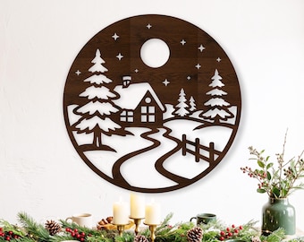 Winter Cabin SVG Snowy Forest Scene Christmas Decor Rustic Holiday Laser Cut Wall Art