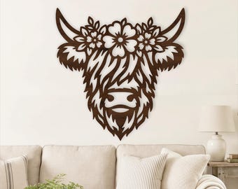 Bloemen Highland Cow-muurbord SVG, decor boerderij koe voor lasersnijden