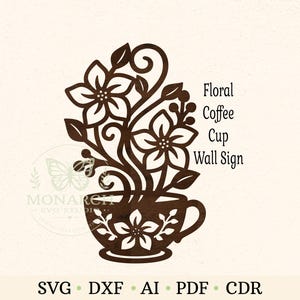 Op de afbeelding: Een donkerbruin, lasergesneden wandbord met een koffiekopje waaruit een bloemstuk naar boven komt. Het ontwerp bevat gestileerde bloemen, bladeren en stengels. De tekst Floral Coffee Cup Wall Sign staat aan de rechterkant, met SVG, DXF, AI, PDF, CDR onderaan.