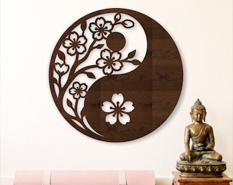 Archivo SVG de arte mural de flores de cerezo con diseño floral Yin Yang cortado con láser.
