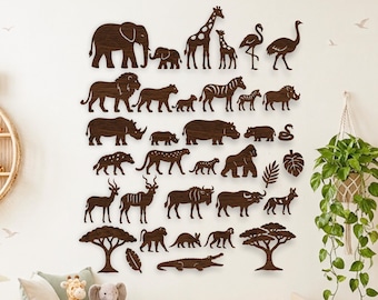 Paquete de archivos SVG de animales de safari. Siluetas de fauna africana para corte láser, Cricut y más.