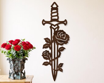 Floral Rose Dagger SVG, Gothic Sword Wall Art, Laser Cut Tattoo Style Design File