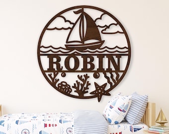 Sailboat Name Sign SVG, Personalized Ocean Wall Sign with Coral and Starfish Laser File
