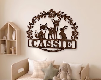 Woodland Nursery Name Sign SVG for Laser Cutting, Personalized Deer Fox Bunny Room Decor