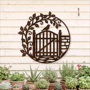 Brama Secret Garden SVG, wycinany laserowo znak ścienny Cottagecore do dekoracji ogrodu