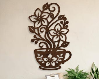 Floral Coffee Cup Wall Art SVG, Kitchen Decor for laser cutting. Flower Coffee Sign
