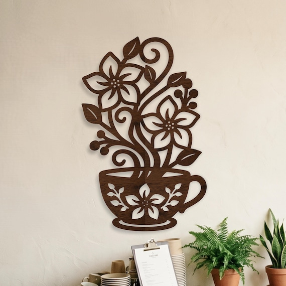 Floral Coffee Cup Wall Art SVG, Kitchen Decor for laser cutting. Flower Coffee Sign