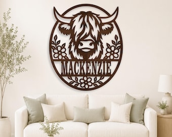 Floral Highland Cow Name Sign SVG Bundle : Farmhouse family decor for laser cutting