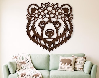 Floral Bear Face SVG with Flower Crown for Laser Cut Wall Art Decor
