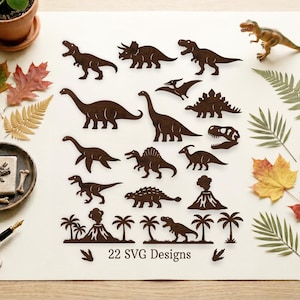 May include: A collection of 22 wooden dinosaur SVG designs in various shapes and sizes, including a T-Rex, Triceratops, and Stegosaurus. The designs are dark brown and arranged on a light background. The text "22 SVG Designs" is at the bottom.