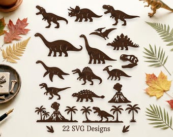 Paquete de archivos SVG de dinosaurios para corte láser, archivos de corte de dinosaurios jurásicos para decoración de guardería.