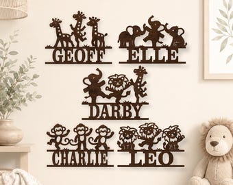 5 Safari Animal Name Sign SVG Designs. Jungle nursery decor for laser cutting
