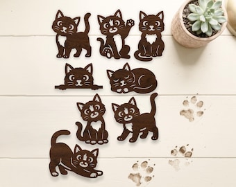 Paquete de 8 siluetas de gatos en formato SVG para corte láser, letreros, decoración y manualidades.