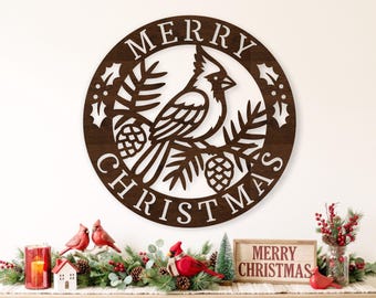 Cardinal Merry Christmas Sign SVG, Christmas Bird Wall Decor for Laser Cutting and Crafts