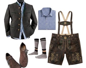 Könnte beinhalten: Eine dunkelgraue Wolljacke mit Metallknöpfen, ein blau-weiß kariertes Hemd, eine braune Lederhose mit Hirsch- und Edelweißstickereien, graue Strickstrümpfe und braune Wildlederschuhe mit Schnürsenkeln für ein vollständiges Outfit.