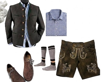 Könnte beinhalten: Eine dunkelgraue Wolljacke mit Metallknöpfen, ein blau-weiß kariertes Hemd, braune Wildlederschuhe, graue Zopfstrickstrümpfe und eine dunkelbraune Lederhose mit hellen Stickereien von Hirschen und floralen Motiven.