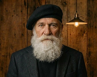 Puede incluir: Una persona con una larga barba blanca lleva una boina de lana gris oscuro y una chaqueta texturizada gris oscuro sobre una camisa negra. El individuo tiene una expresión seria frente a una pared de tablones de madera con una lámpara.
