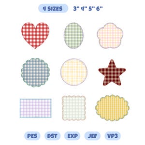 May include: Nine fabric patches in various shapes, including a heart, oval, flower, star, rectangle, and scalloped circles and squares. Each patch features a gingham pattern in red, green, pink, blue, yellow, and burgundy. The text "4 SIZES" and "3" 4" 5" 6"" are visible.