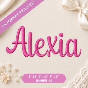 May include: An embroidery design featuring the name Alexia in a bright pink cursive font. The image includes a diagonal pink banner with the text BX FORMAT INCLUDED and a bottom pink label listing sizes 1 inch, 1.5 inches, 2 inches, 2.5 inches, 3 inches, 3.5 inches, and 11 formats plus BX.