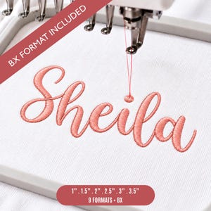 Pode incluir: Uma agulha de máquina de bordar costurando o nome Sheila com linha rosa coral em tecido branco. Uma faixa diagonal diz BX FORMAT INCLUDED. Uma etiqueta inferior lista os tamanhos 2,5 cm, 3,8 cm, 5 cm, 6,4 cm, 7,6 cm e 8,9 cm.