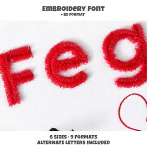 Op de afbeelding: Tekst Embroidery font + BX format bovenaan en 6 sizes 9 formats alternate letters included onderaan. De afbeelding toont rode geborduurde letters F, e en g met een getextureerd, pluizig uiterlijk op een effen witte achtergrond.