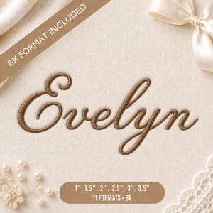 Può includere: Un ricamo con il nome Evelyn in un carattere corsivo marrone su tessuto chiaro. Il testo include il formato BX e dimensioni di 2,54 cm, 3,81 cm, 5,08 cm, 6,35 cm, 7,62 cm e 8,89 cm, con 11 formati totali inclusi.