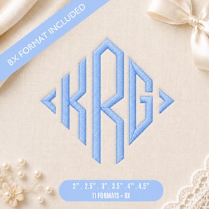 May include: A light blue embroidered monogram featuring the letters KRG in a diamond shape. The image includes the text BX FORMAT INCLUDED and 2, 2.5, 3, 3.5, 4, 4.5 inches, 11 FORMATS + BX. The design is stitched onto a light beige fabric background.