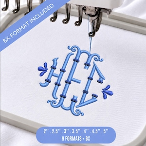 Carattere per ricamo monogramma Regal Interlock, elegante carattere BX a 3 lettere, alfabeto vintage per ricamo a macchina, iniziali del nome, download immediato