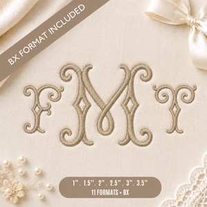 Op de afbeelding: Een geborduurd monogram met de letters F, M en T in beige garen op een crèmekleurige stoffen achtergrond. Het ontwerp bevat een diagonale banner met de tekst BX FORMAT INCLUDED en een onderste label met maten van 2,5 cm tot 8,9 cm.