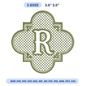 May include: An olive green machine embroidery design featuring a central letter R inside a quatrefoil frame with a cross-hatched background pattern. The text 2 SIZES 2.8" 3.8" and file formats BMP, DGT, DST, EXP, HUS, INF, JEF, PEC, PES, SEW, VP3, XXX are visible.