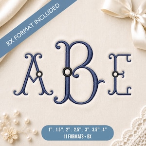 May include: An embroidery design featuring the letters A, B, and E in a dark blue thread with small black and white circular accents. A blue banner states BX FORMAT INCLUDED, and a lower blue label lists sizes 1 inch to 4 inches.