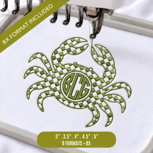 May include: An olive green embroidered crab design on white fabric, featuring a checkered pattern on the body and claws. A circular monogram with the letters BCG is centered on the crab. The text BX FORMAT INCLUDED is visible, along with 3, 3.5, 4, 4.5, 5 inches.