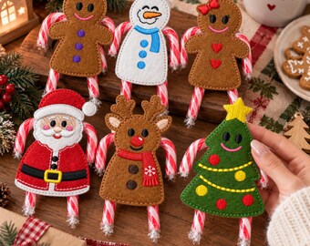 Christmas ITH Candy Cane Holder Embroidery Design Bundle, Gingerbread Snowman Santa Reindeer Tree In The Hoop File