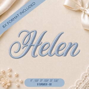 May include: An embroidery design featuring the name Helen in a light blue cursive script font. A blue diagonal banner displays the text BX FORMAT INCLUDED. A blue rounded rectangle at the bottom lists sizes 1 inch, 1.5 inches, 2 inches, 2.5 inches, 3 inches, 3.5 inches and 9 FORMATS + BX.