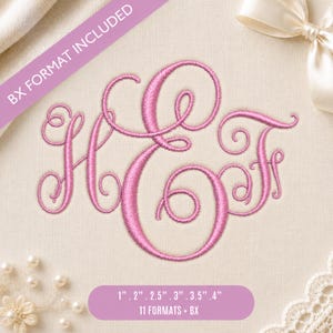 May include: An embroidery design featuring the letters H, &, and F in a pink cursive script. The text BX FORMAT INCLUDED appears in a purple diagonal banner. A purple rectangular label displays the sizes 1 inch, 2 inches, 2.5 inches, 3 inches, 3.5 inches, and 4 inches, along with the text 11 FORMATS + BX.