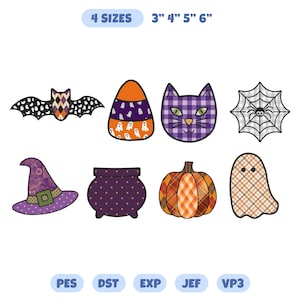 May include: A set of eight Halloween-themed embroidery designs featuring a bat, candy corn, cat face, spider web, witch hat, cauldron, pumpkin, and ghost. The text 4 SIZES 3" 4" 5" 6" and file formats PES, DST, EXP, JEF, VP3 are visible.