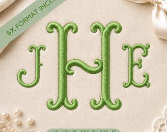 Puede incluir: Un diseño de bordado a máquina con las letras de monograma JHE en hilo verde brillante con rizos decorativos. El texto BX FORMAT INCLUDED es visible en una banda verde, y una segunda banda enumera tamaños de 1 a 4 pulgadas.