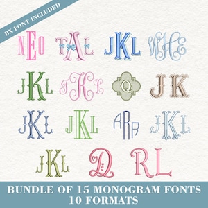 Könnte beinhalten: Eine digitale Sammlung von 15 Monogramm-Schriftarten in 10 Formaten mit verschiedenen Buchstaben-Designs im Stickerei-Stil in Pink, Blau, Grün und Braun. Der Text BX FONT INCLUDED und BUNDLE OF 15 MONOGRAM FONTS 10 FORMATS ist im Bild sichtbar.