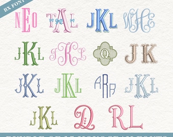 Pack de 15 polices de broderie monogrammes, polices BX, alphabet pour broderie machine, polices de lettres initiales, formats PES, DST, EXP, JEF, VP3, téléchargement instantané