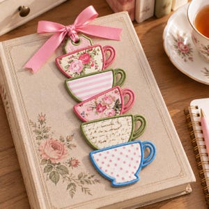 May include: A vertical stack of five fabric teacup ornaments attached to a pink satin ribbon bow. The cups feature various patterns including pink roses, white and pink stripes, script text, and pink polka dots on a white background.