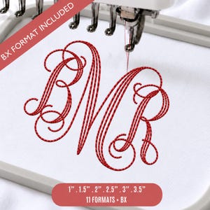 May include: An embroidery machine hoop holds white fabric featuring a red stitched monogram with the letters BMR in a decorative script font. The text BX FORMAT INCLUDED appears in the corner, and the bottom label lists sizes 1 inch, 1.5 inches, 2 inches, 2.5 inches, 3 inches, and 3.5 inches.