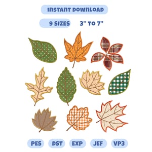 May include: A digital embroidery design set featuring nine distinct autumn leaf illustrations in various patterns like polka dots, plaid, and gingham. The text reads INSTANT DOWNLOAD, 9 SIZES 3" TO 7", and file formats PES, DST, EXP, JEF, VP3.