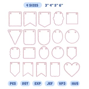 May include: A selection of pink embroidery designs in diverse shapes, such as squares, triangles, ovals, and hearts. The designs feature a scalloped edge and small holes for hanging. Text at the top reads "4 SIZES" and "3" 4" 5" 6".