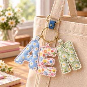 May include: A gold-toned metal keyring attached to a beige canvas tote bag, featuring three fabric-covered letter charms spelling AEN. The A is light blue with white daisies, the E has a colorful floral print, and the N is sage green with daisies.