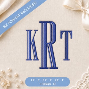 May include: A blue embroidered monogram featuring the letters KRT in a serif font. A blue diagonal banner displays the text BX FORMAT INCLUDED. A blue rounded rectangle at the bottom lists sizes 1.5 inches, 2 inches, 2.5 inches, 3 inches, 3.5 inches, 4 inches and 11 FORMATS + BX.