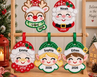 Disegno per ricamo di ornamenti natalizi ITH, file per ricamo a macchina di Babbo Natale, renne ed elfi, modello per decorazione dell'albero di Natale ITH, download digitale