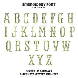 May include: An embroidery font alphabet in a light olive green colour, featuring uppercase letters A through Z in a serif style. The text at the top reads EMBROIDERY FONT + BX FORMAT, and the bottom text reads 5 SIZES 11 FORMATS ALTERNATE LETTERS INCLUDED.