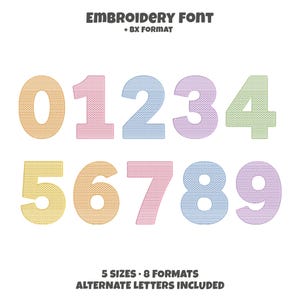 Könnte beinhalten: Ein digitales Stickschrift-Set mit den Zahlen 0 bis 9 in verschiedenen Pastellfarben mit einem strukturierten Stichmuster. Der Text EMBROIDERY FONT + BX FORMAT erscheint oben und 5 SIZES 8 FORMATS ALTERNATE LETTERS INCLUDED unten.
